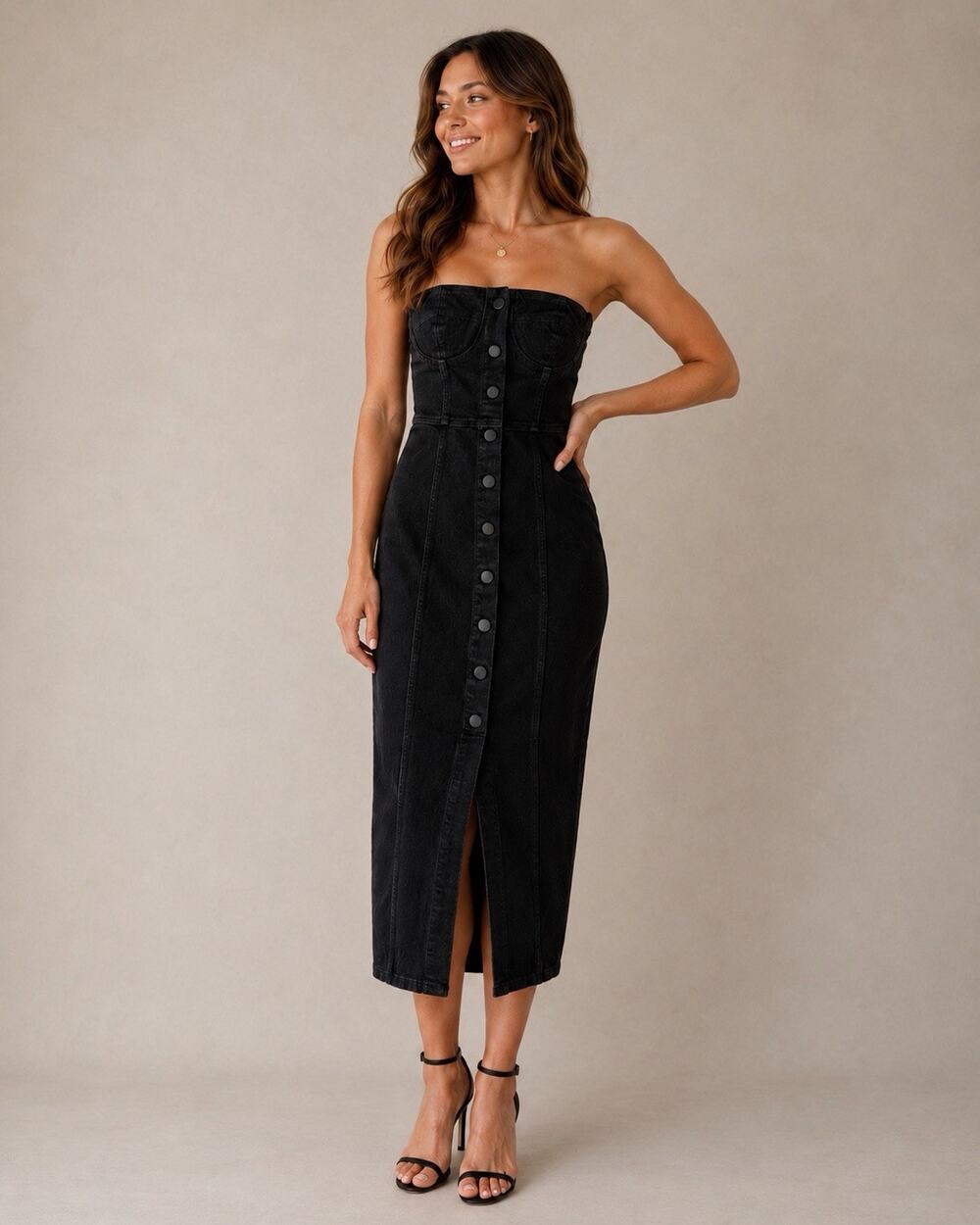 NWT Zara Denim Bustier Dress Black Corset Midi Dress XS Strapless Button Front